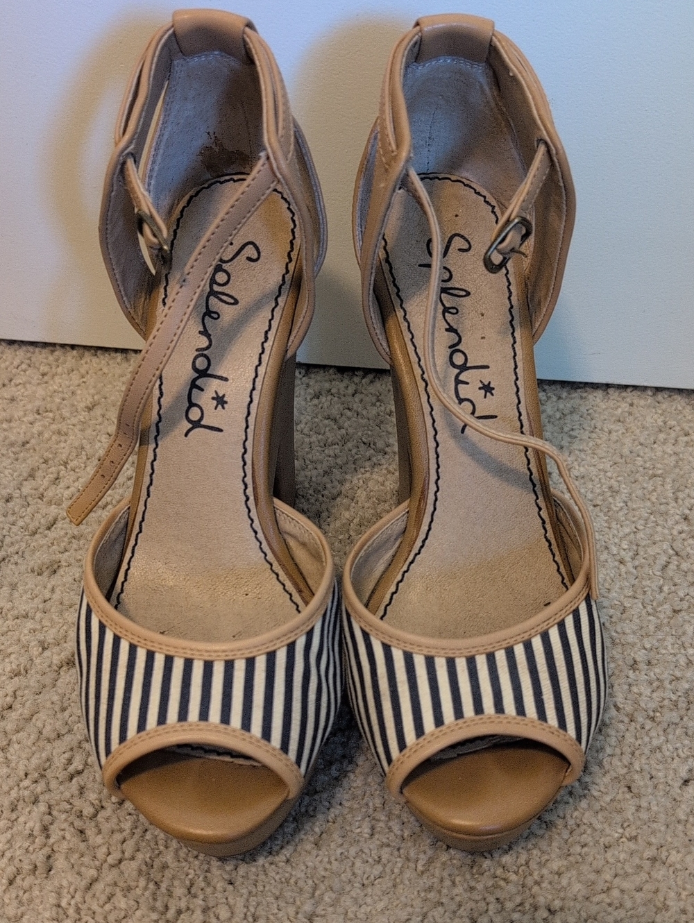 Splendid Tan and Navy Striped Peep-Toe Heels